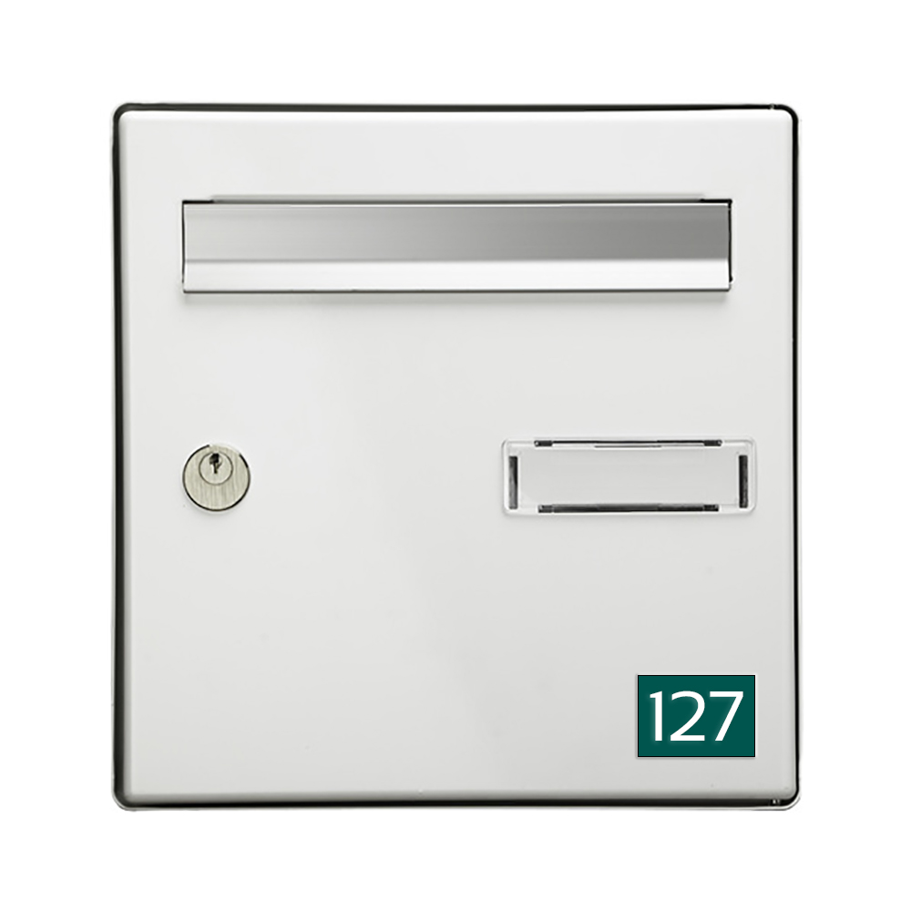 Numéro pour boite aux lettres personnalisable rectangle petit format (50x35mm) vert foncé chiffres blancs