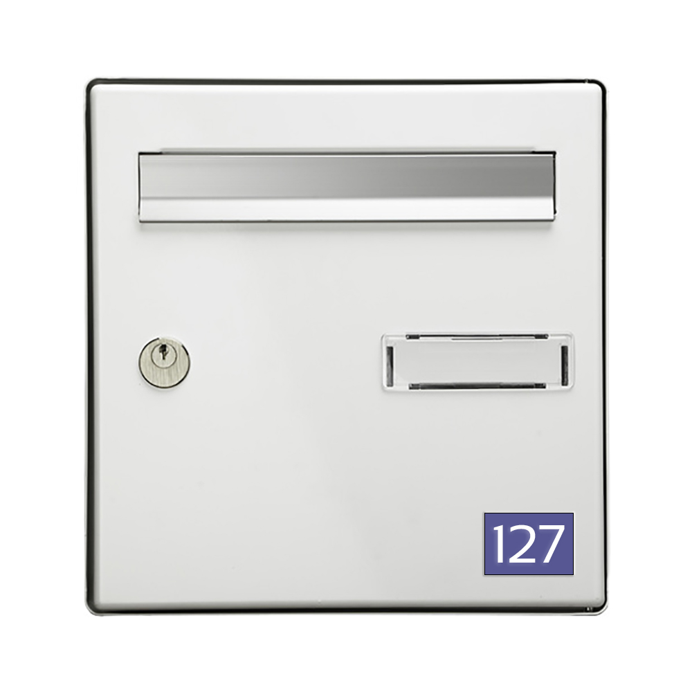 Numéro pour boite aux lettres personnalisable rectangle petit format (50x35mm) violet chiffres blancs
