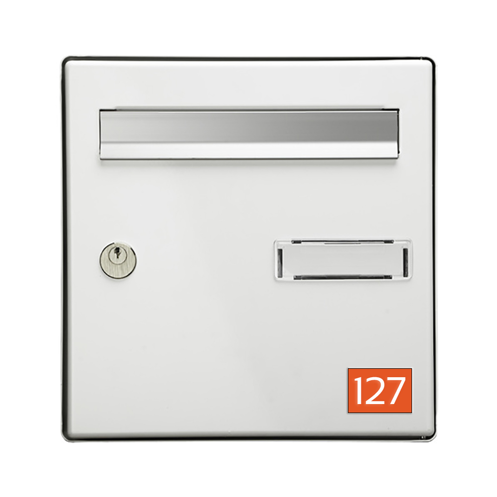 Numéro pour boite aux lettres personnalisable rectangle petit format (50x35mm) orange chiffres blancs