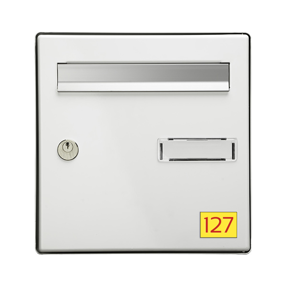 Numéro pour boite aux lettres personnalisable rectangle petit format (50x35mm) jaune chiffres rouges