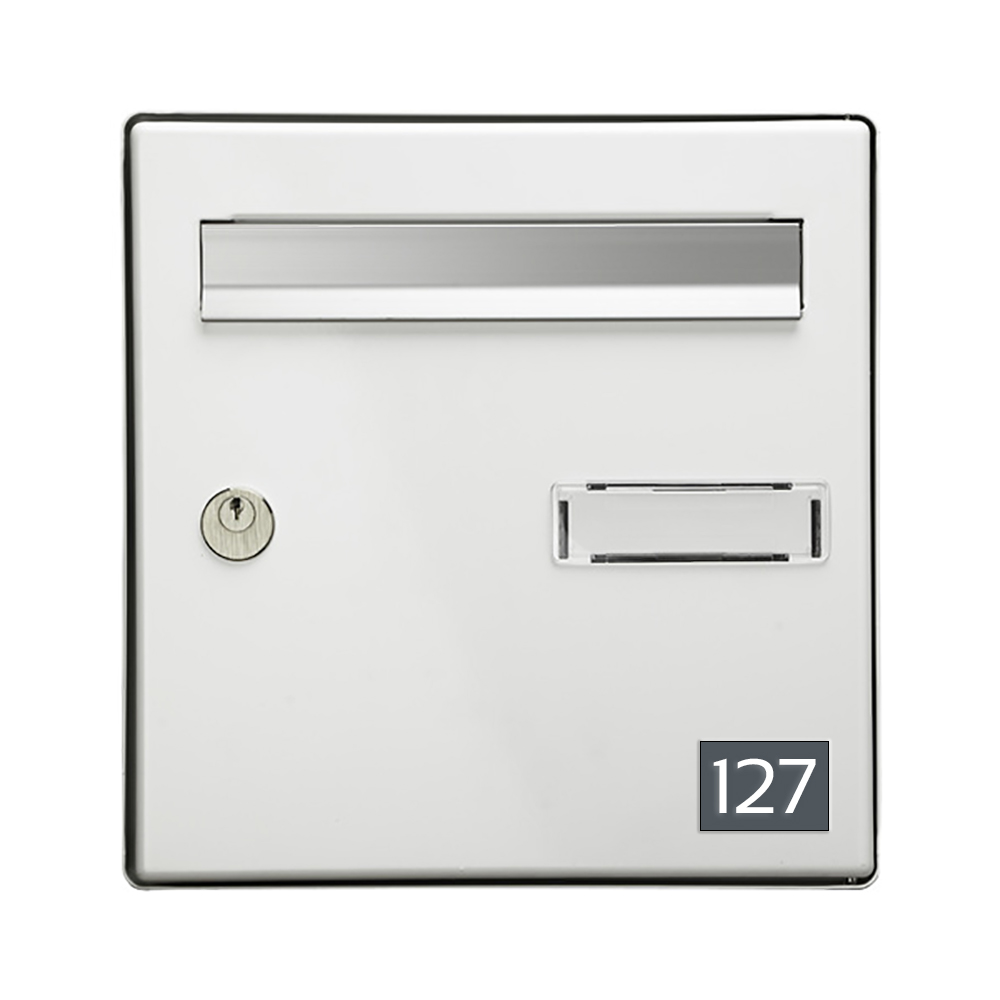 Numéro pour boite aux lettres personnalisable rectangle petit format (50x35mm) gris chiffres blancs