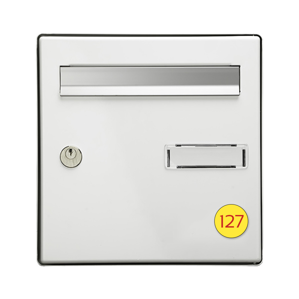 Numéro pour boite aux lettres personnalisable format rond diamètre 40 mm couleur jaune chiffres rouges