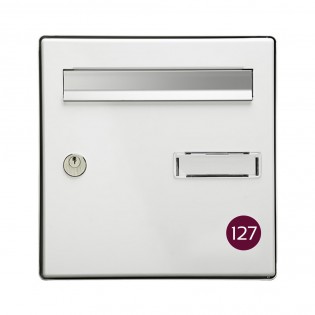 Numéro pour boite aux lettres personnalisable format rond diamètre 40 mm couleur bordeaux chiffres blancs