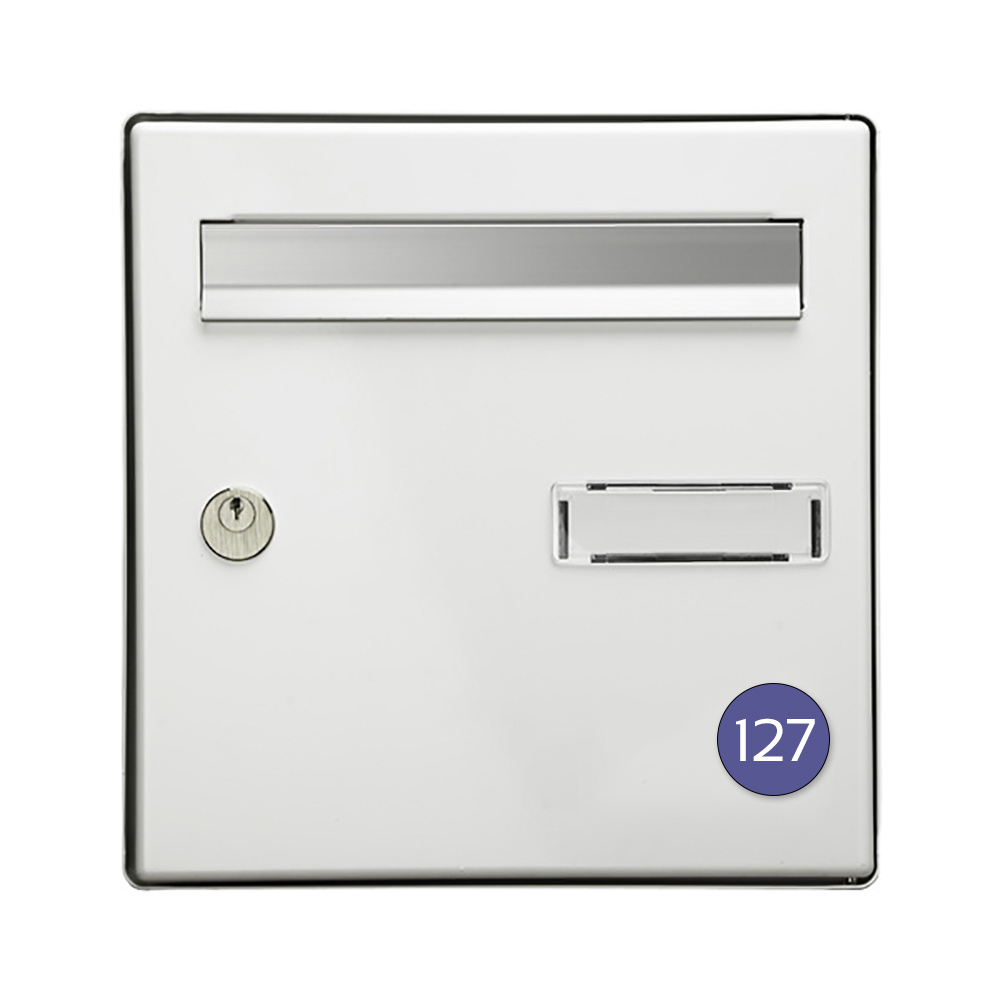 Numéro pour boite aux lettres personnalisable format rond diamètre 40 mm couleur violet chiffres blancs