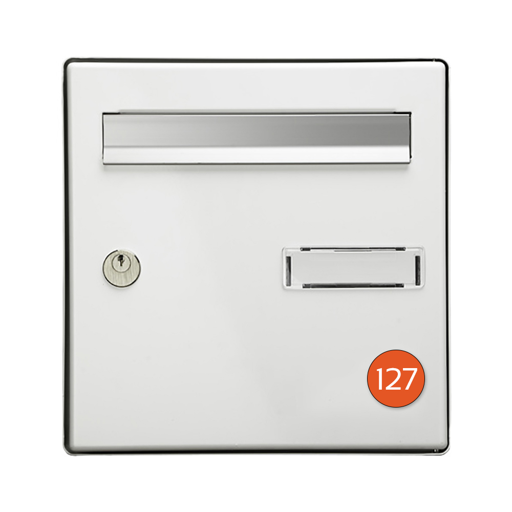 Numéro pour boite aux lettres personnalisable format rond diamètre 40 mm couleur orange chiffres blancs
