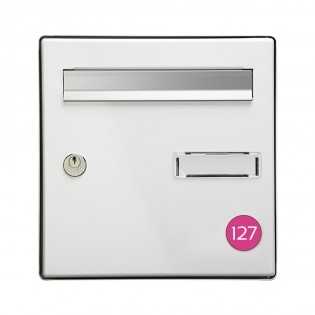 Numéro pour boite aux lettres personnalisable format rond diamètre 40 mm couleur rose chiffres blancs