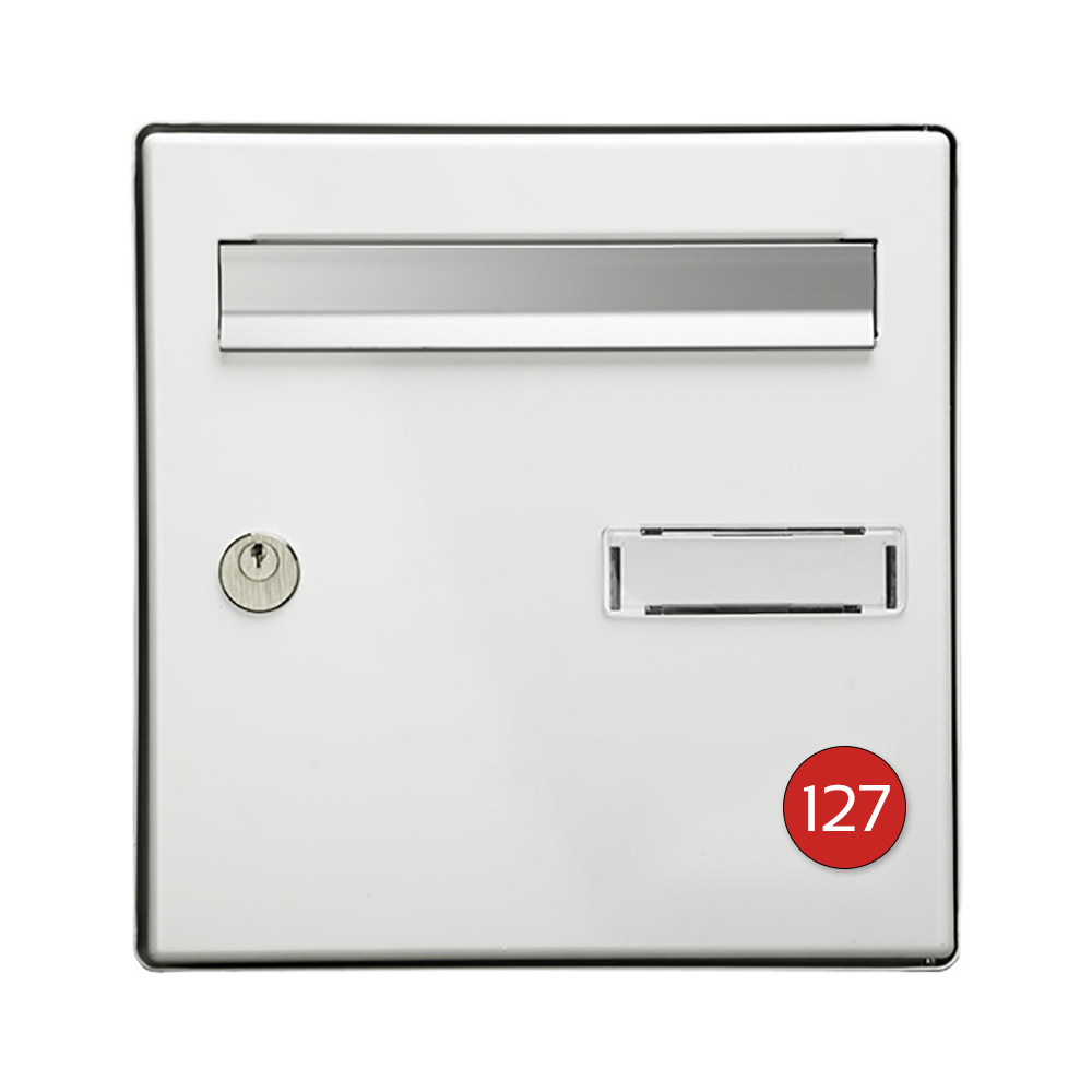 Numéro pour boite aux lettres personnalisable format rond diamètre 40 mm couleur rouge chiffres blancs