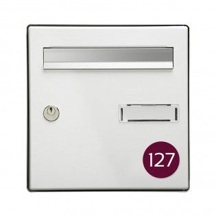 Numéro pour boite aux lettres personnalisable format rond diamètre 60 mm couleur bordeaux chiffres blancs