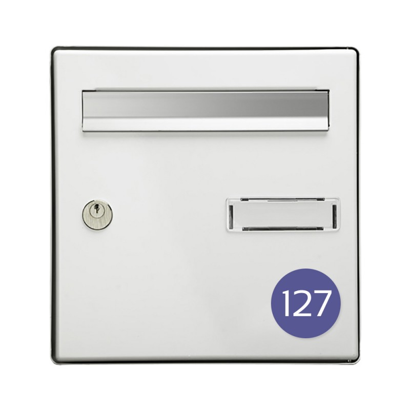 Numéro pour boite aux lettres personnalisable format rond diamètre 60 mm couleur violet chiffres blancs