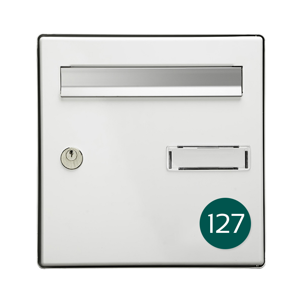 Numéro pour boite aux lettres personnalisable format rond diamètre 60 mm couleur vert foncé chiffres blancs