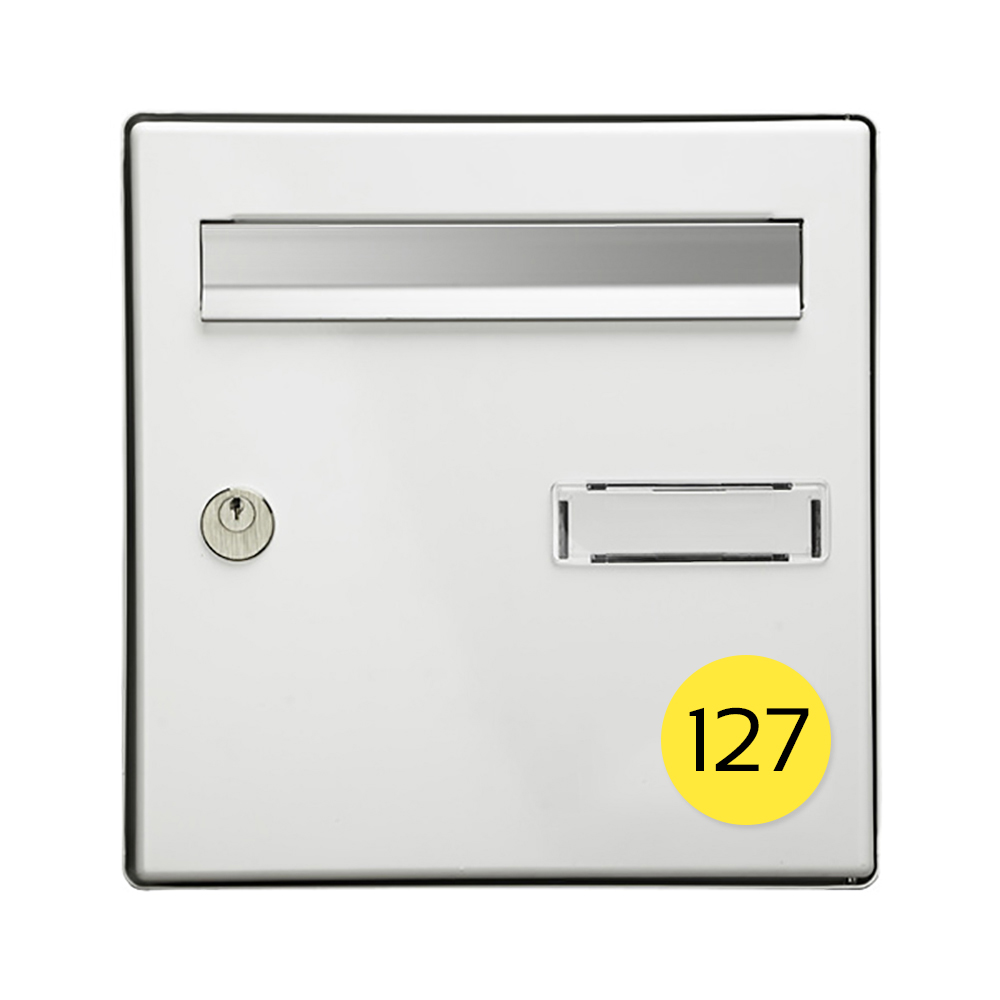 Numéro pour boite aux lettres personnalisable format rond diamètre 60 mm couleur jaune chiffres noirs