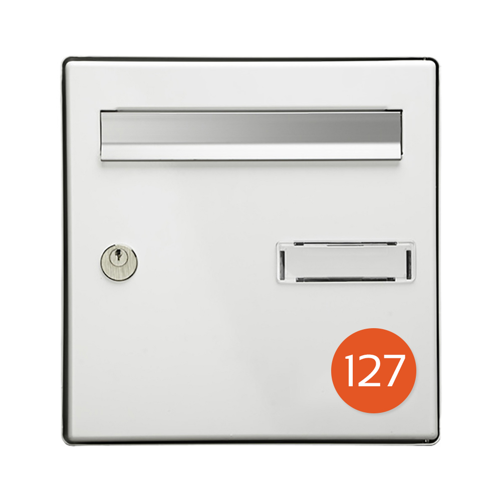 Numéro pour boite aux lettres personnalisable format rond diamètre 60 mm couleur orange chiffres blancs
