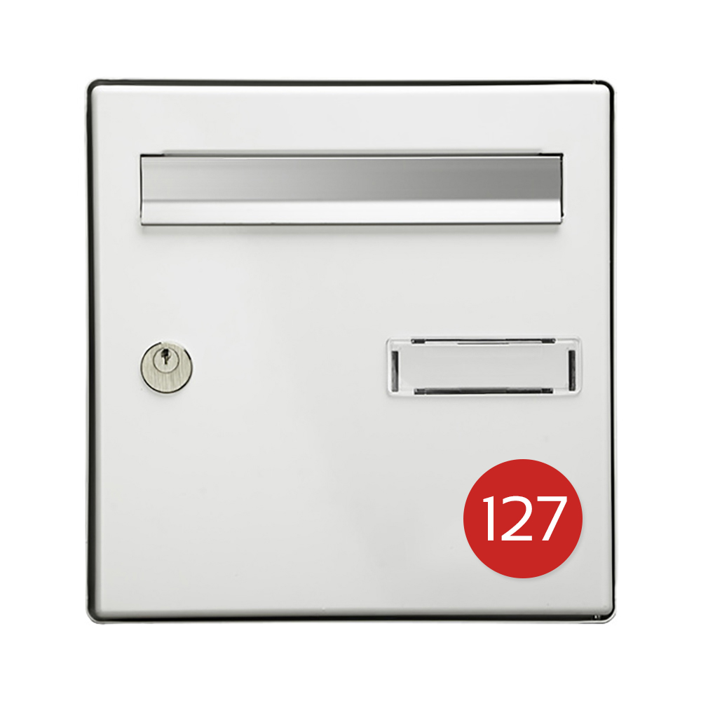 Numéro pour boite aux lettres personnalisable format rond diamètre 60 mm couleur rouge chiffres blancs