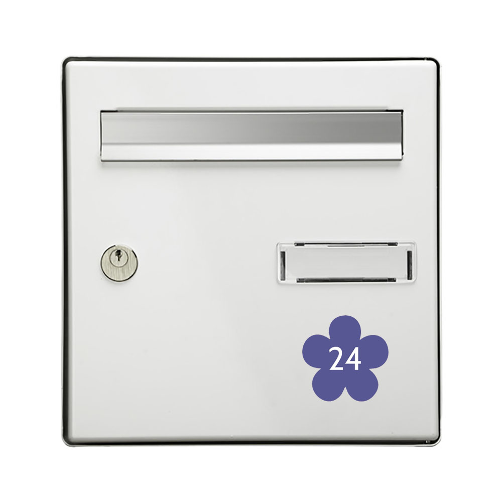 Numéro fantaisie personnalisable pour boite aux lettres couleur violet chiffres blancs - Modèle Fleur