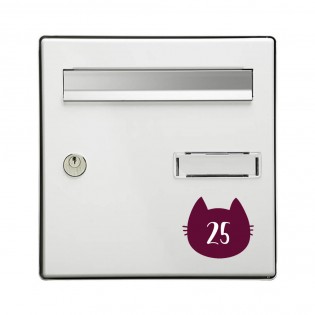 Numéro fantaisie personnalisable pour boite aux lettres couleur bordeaux chiffres blancs - Modèle Chat