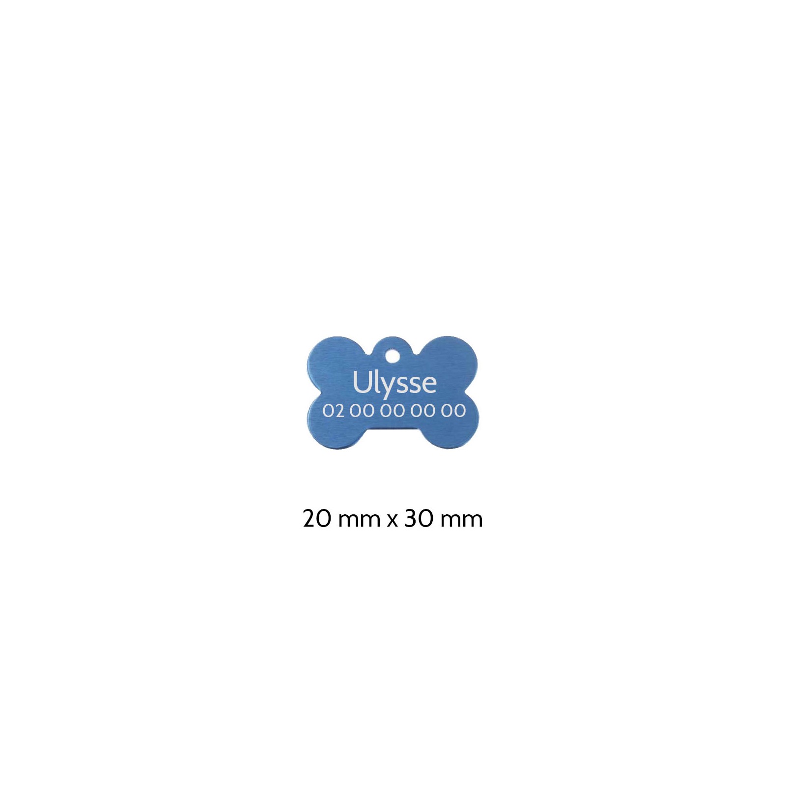 Blue bone-shaped dog tag to personalize on 1 to 2 lines - Small format 20x30 mm
