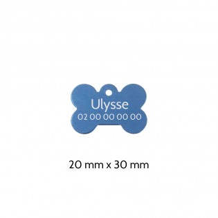 Blue bone-shaped dog tag to personalize on 1 to 2 lines - Small format 20x30 mm