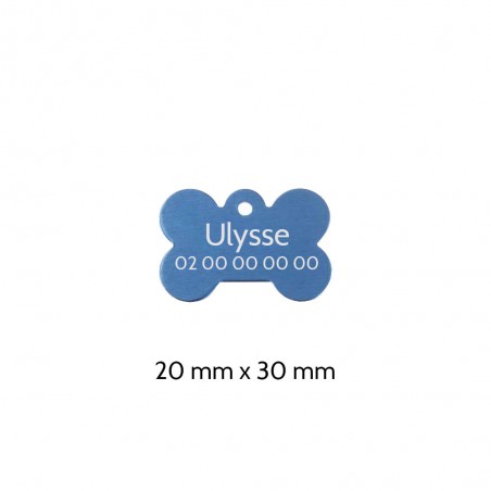 Blue bone-shaped dog tag to personalize on 1 to 2 lines - Small format 20x30 mm