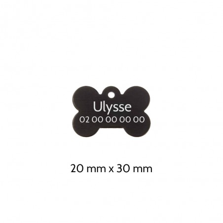Médaillon Noir en forme d'os pour chien à personnaliser sur 1 à 2 lignes - Petit format 20x30 mm