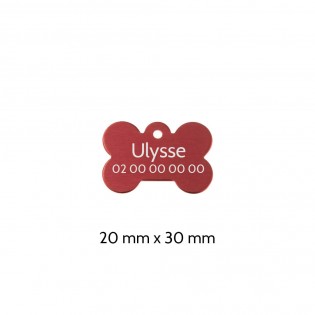 Red bone-shaped dog tag to personalize on 1 to 2 lines - Small format 20x30 mm