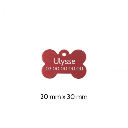 Red bone-shaped dog tag to personalize on 1 to 2 lines - Small format 20x30 mm