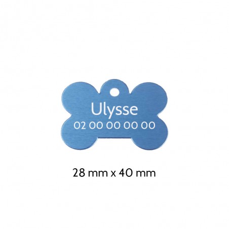 Blue bone-shaped dog tag with personalized engraving 1 to 2 lines - Large format 28x40 mm