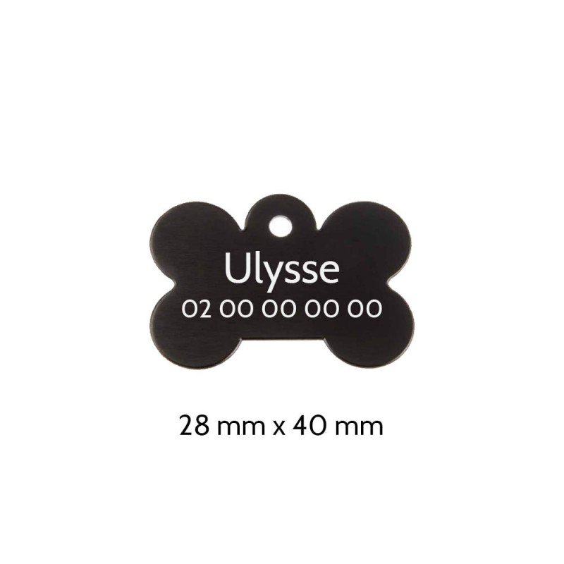 Black bone-shaped dog tag with personalized engraving 1 to 2 lines - Large format 28x40 mm Black bone-shaped dog tag with personalized engraving 1 to 2 lines - Large format 28x40 mm