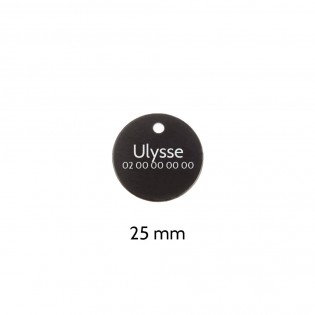 Petite médaille ronde Noire pour chien et chat à personnaliser sur 1 à 2 lignes - Diamètre 25 mm