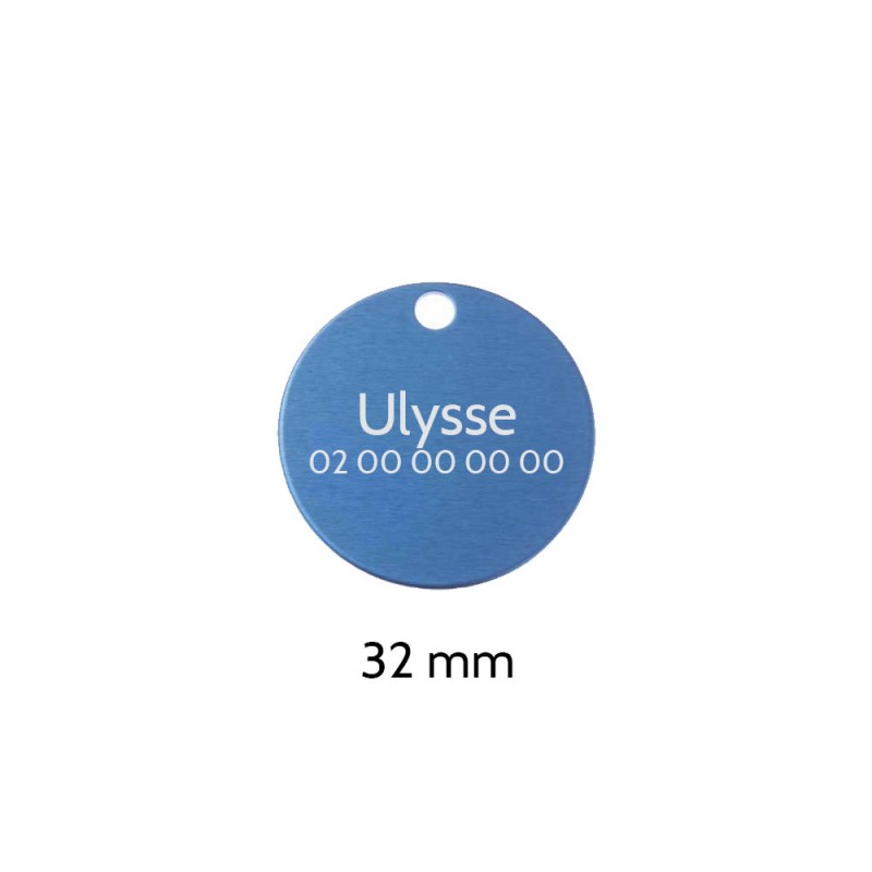 Grande médaille ronde Bleue pour chien et chat avec gravure personnalisée 1 à 2 lignes - Diamètre 32 mm