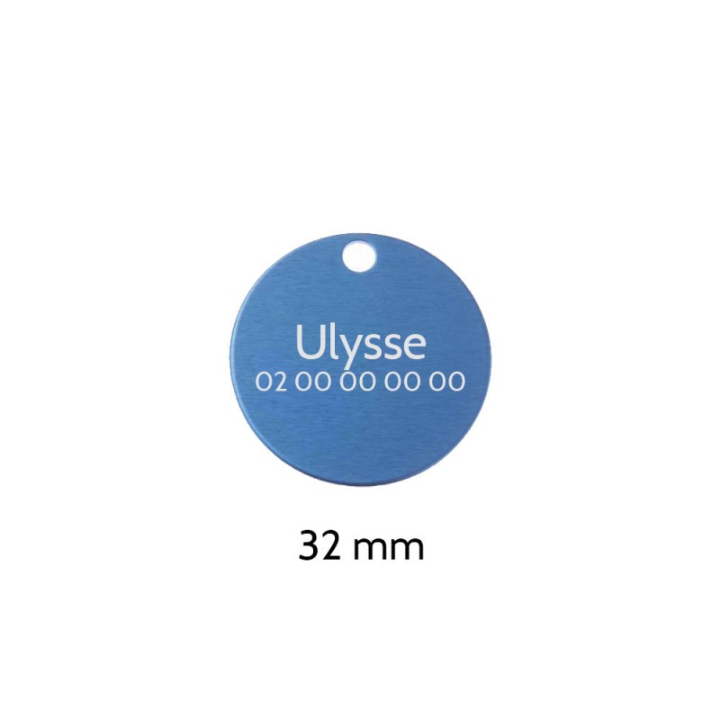 Large round Blue medal for dogs and cats with personalized engraving 1 to 2 lines - Diameter 32 mm Large round Blue medal for dogs and cats with personalized engraving 1 to 2 lines - Diameter 32 mm