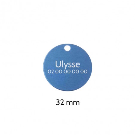 Large round Blue medal for dogs and cats with personalized engraving 1 to 2 lines - Diameter 32 mm