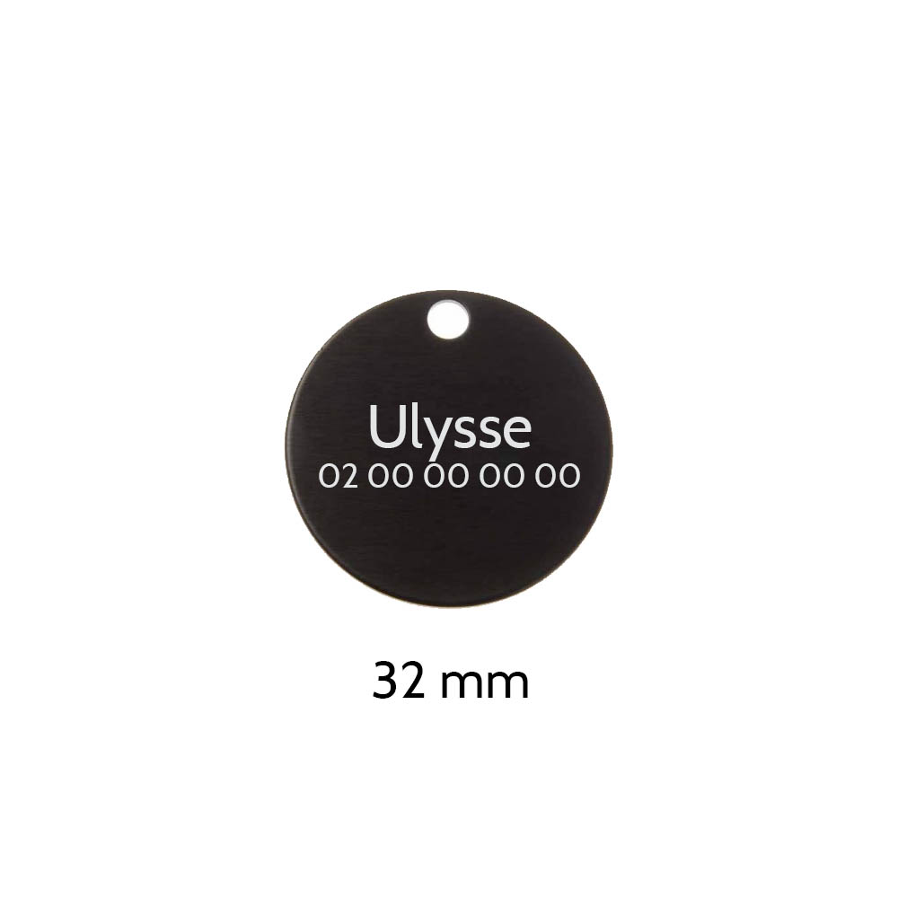 Grande médaille ronde Noire pour chien et chat avec gravure personnalisée 1 à 2 lignes - Diamètre 32 mm