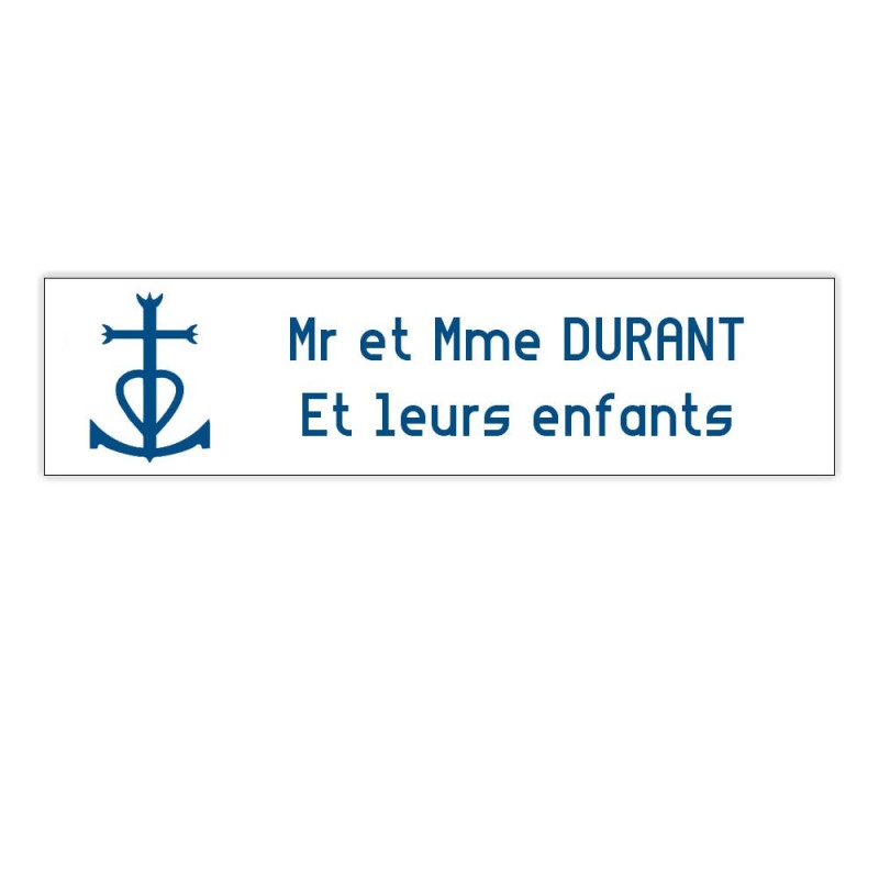 Plaque boite aux lettres Decayeux CROIX CAMARGUAISE (100x25mm) blanche lettres bleues - 2 lignes Plaque boite aux lettres Decayeux CROIX CAMARGUAISE (100x25mm) blanche lettres bleues - 2 lignes