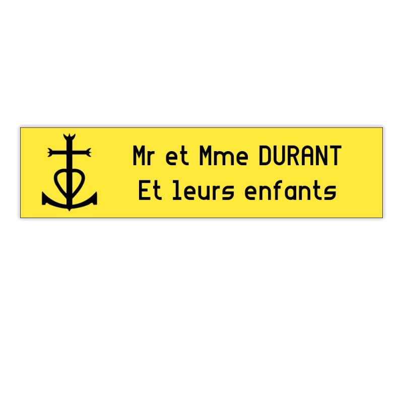 Plaque boite aux lettres Decayeux CROIX CAMARGUAISE (100x25mm) jaune lettres noires - 2 lignes Plaque boite aux lettres Decayeux CROIX CAMARGUAISE (100x25mm) jaune lettres noires - 2 lignes