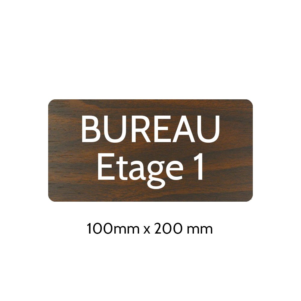 Plaque de porte gravée sur 1 à 2 lignes effet bois foncé lettres blanches - Rectangle angles arrondis 100 x 200 mm