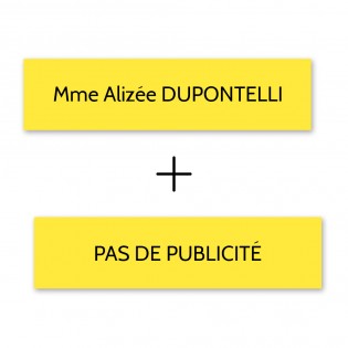 Plaque nom + STOP PUB pour boite aux lettres format Decayeux (100x25mm) jaune lettres noires - 1 ligne