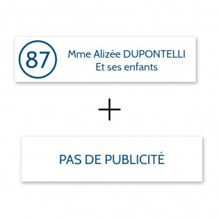 Plaque nom avec numéro + Plaque Stop Pub pour boite aux lettres format Decayeux (100x25mm) blanche lettres bleues - 2 lignes