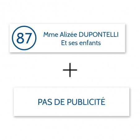 Plaque nom avec numéro + Plaque Stop Pub pour boite aux lettres format Decayeux (100x25mm) blanche lettres bleues - 2 lignes