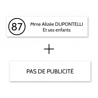 Plaque nom avec numéro + Plaque Stop Pub pour boite aux lettres format Decayeux (100x25mm) blanche lettres noires - 2 lignes