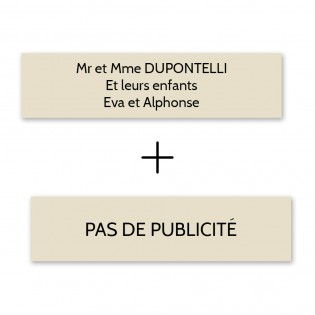 Plaque nom + Plaque Stop Pub pour boite aux lettres format Decayeux (100x25mm) beige lettres noires - 3 lignes