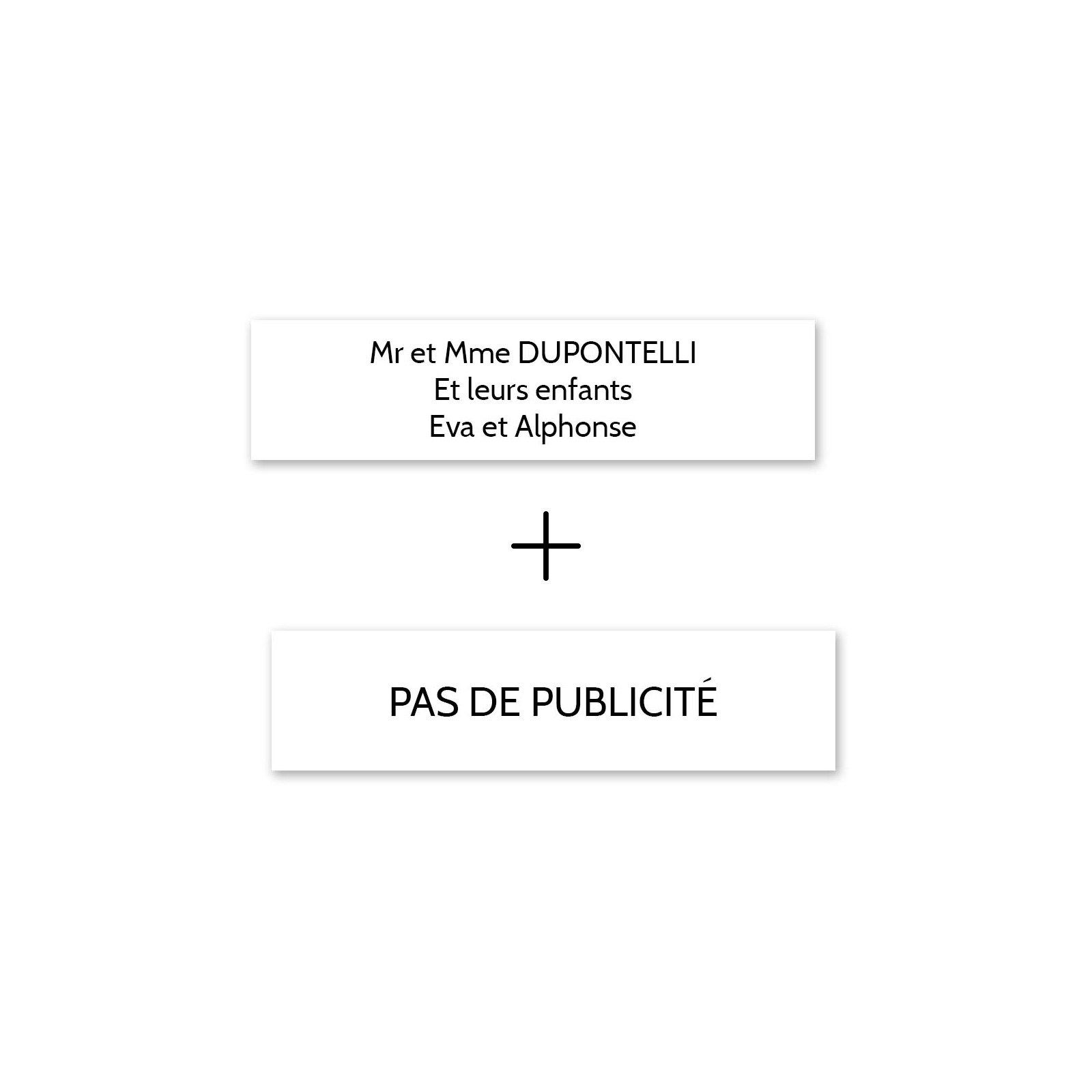 Plaque nom + Plaque Stop Pub pour boite aux lettres format Decayeux (100x25mm) blanche lettres noires - 3 lignes
