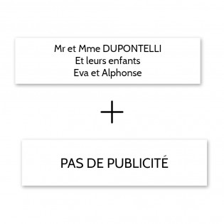 Plaque nom + Plaque Stop Pub pour boite aux lettres format Decayeux (100x25mm) blanche lettres noires - 3 lignes