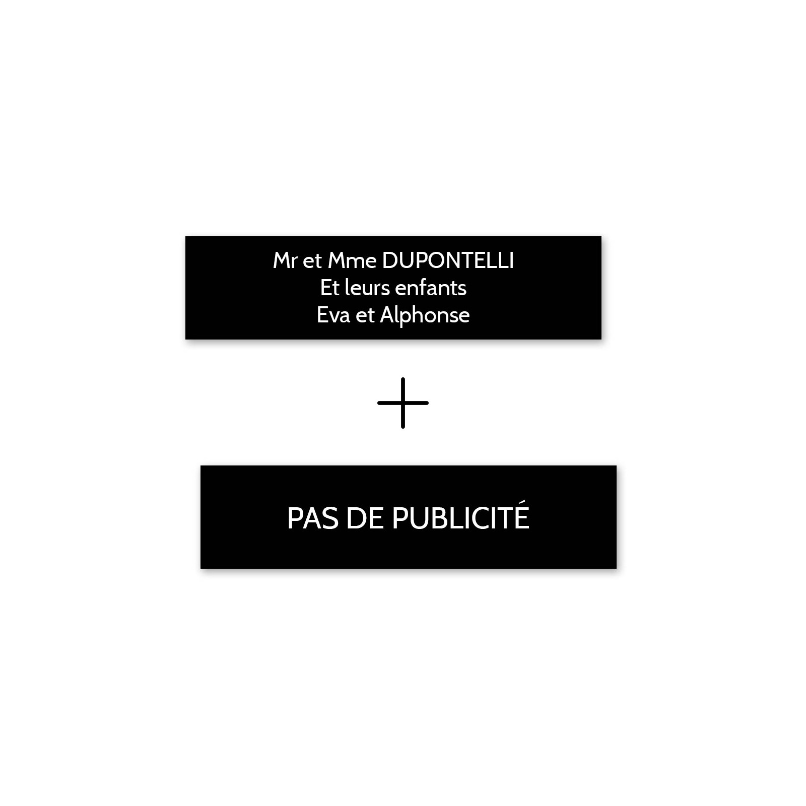 Plaque nom + Plaque Stop Pub pour boite aux lettres format Decayeux (100x25mm) noire lettres blanches - 3 lignes