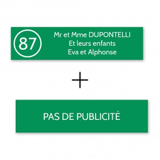 Plaque nom avec numéro + Plaque Stop Pub boite aux lettres format Decayeux (100x25mm) vert pomme lettres blanches 3 lignes
