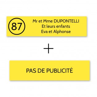 Plaque nom avec numéro + Plaque Stop Pub pour boite aux lettres format Decayeux (100x25mm) jaune lettres noires - 3 lignes