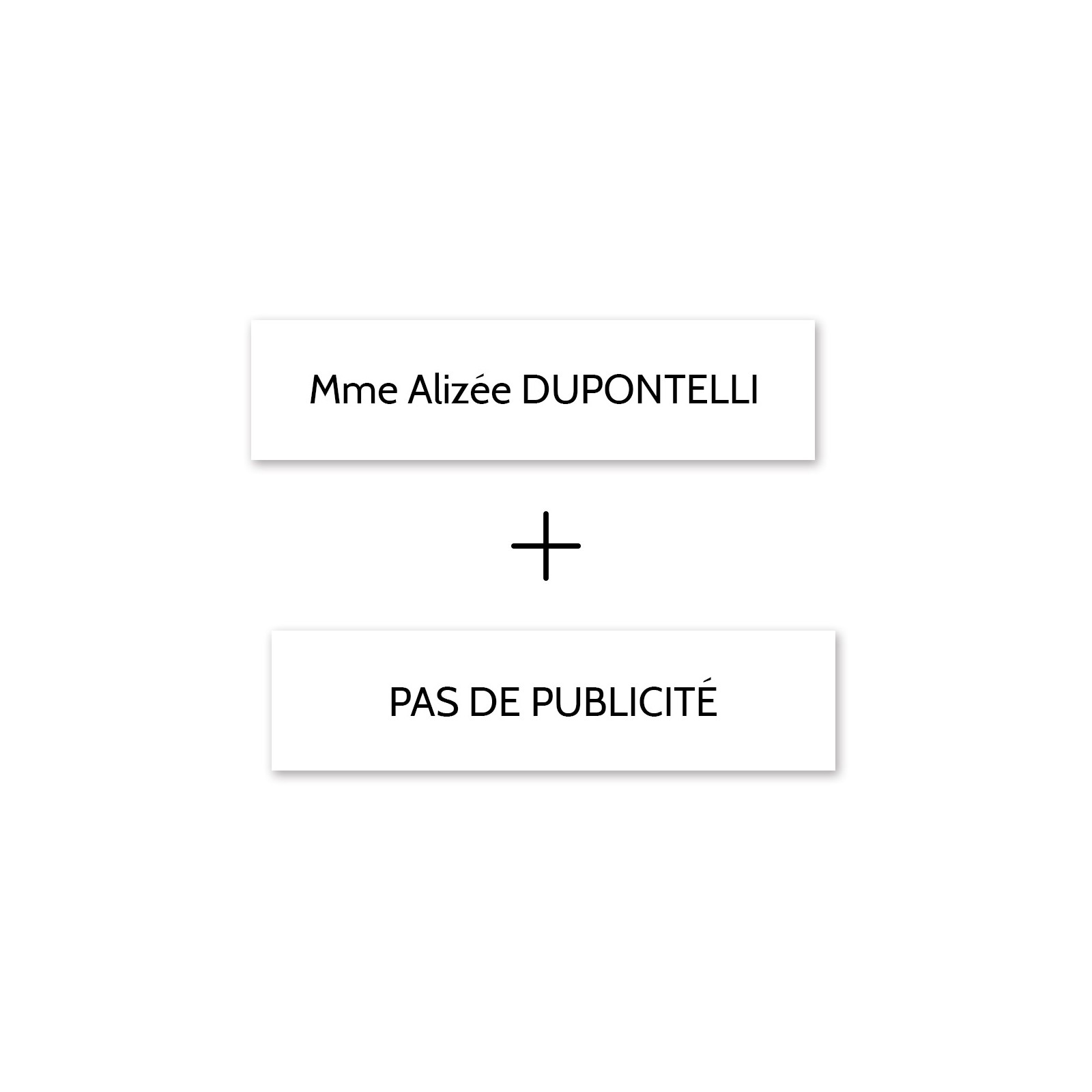 Plaque nom + Plaque Stop Pub pour boite aux lettres format Edelen (99x24mm) blanche lettres noires - 1 ligne