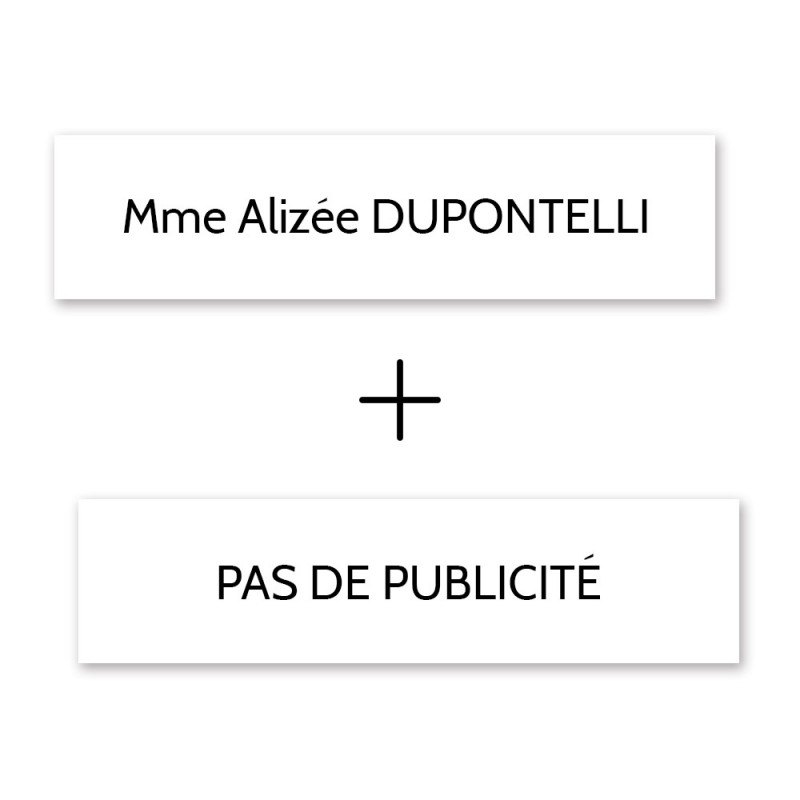 Plaque nom + Plaque Stop Pub pour boite aux lettres format Edelen (99x24mm) blanche lettres noires - 1 ligne Plaque nom + Plaque Stop Pub pour boite aux lettres format Edelen (99x24mm) blanche lettres noires - 1 ligne