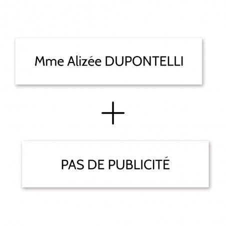 Plaque nom + Plaque Stop Pub pour boite aux lettres format Edelen (99x24mm) blanche lettres noires - 1 ligne