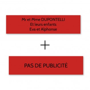 Plaque nom + Plaque Stop Pub pour boite aux lettres format Decayeux (100x25mm) rouge lettres noires - 3 lignes