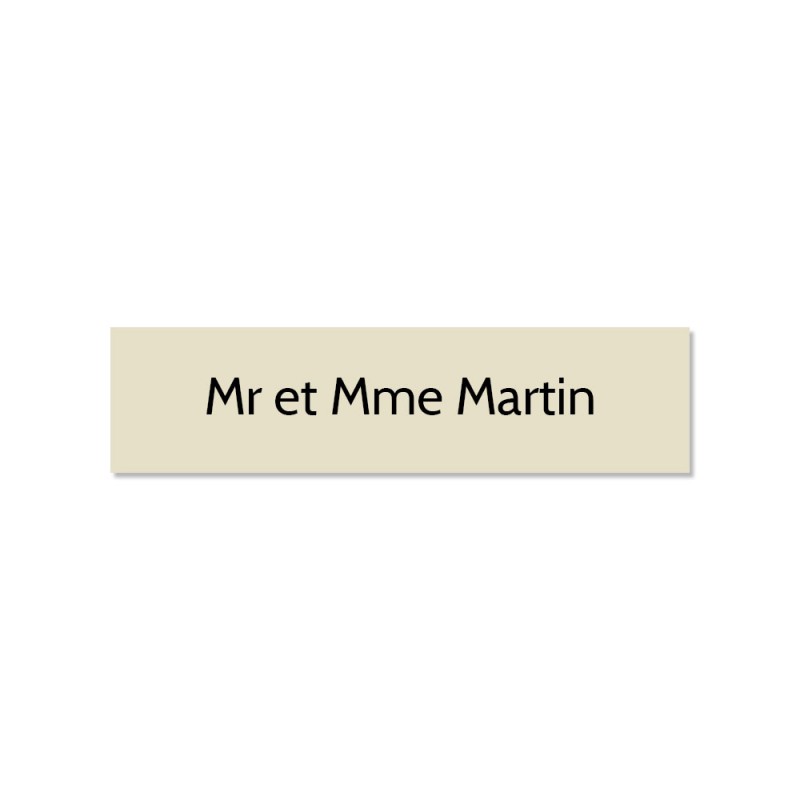 Plaque adhésive interphone ou sonnette 60 mm x 15 mm gravure personnalisée sur 1 ligne couleur beige lettres noires Plaque adhésive interphone ou sonnette 60 mm x 15 mm gravure personnalisée sur 1 ligne couleur beige lettres noires